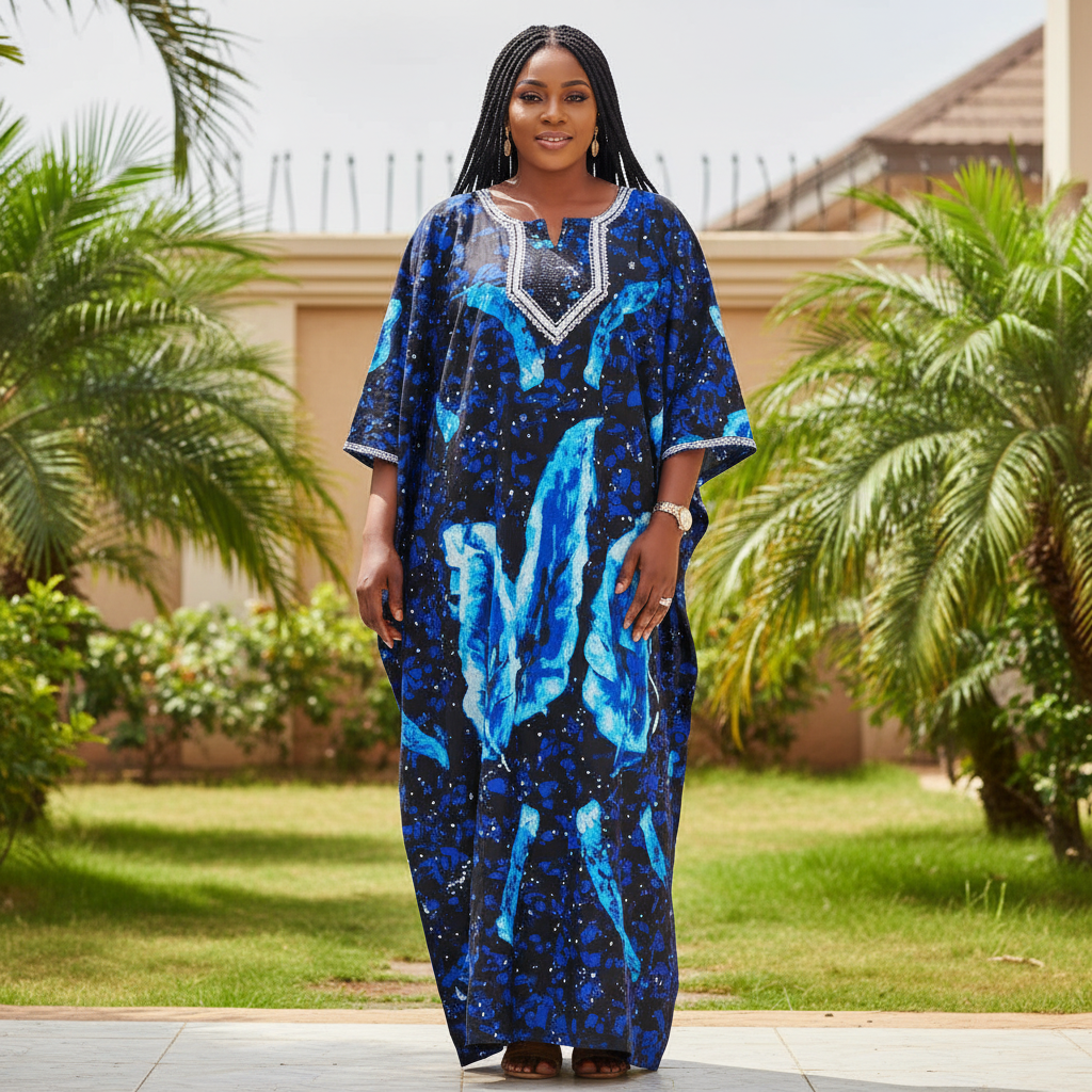 Nigerian woman wearing navy blue bubu dress with butterfly print and embroidered neckline in garden setting