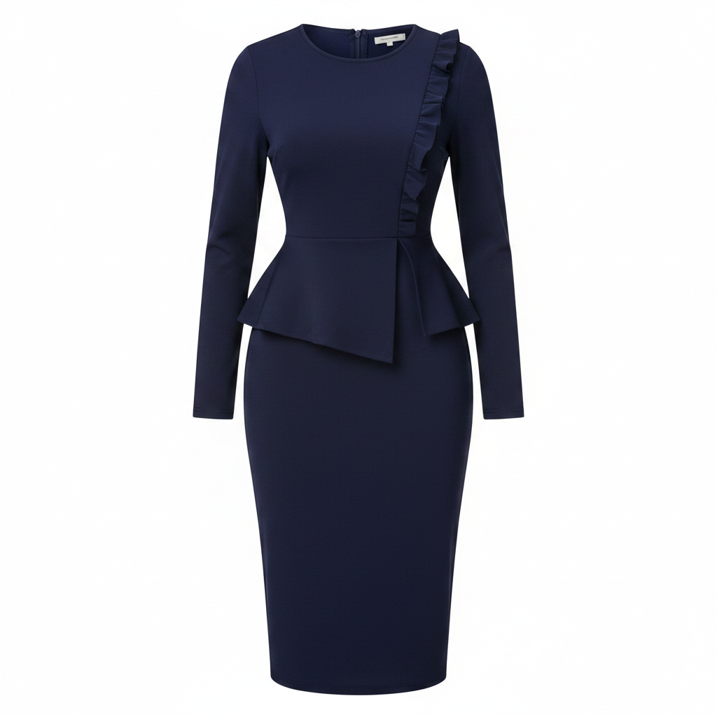 Ghost mannequin view of women's navy blue ruffle trim peplum bodycon midi dress
