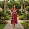 Women's Burgundy & Blush Pink Blazer Bodice Embroidered Tiered Midi Gown - Nigerian Female Model