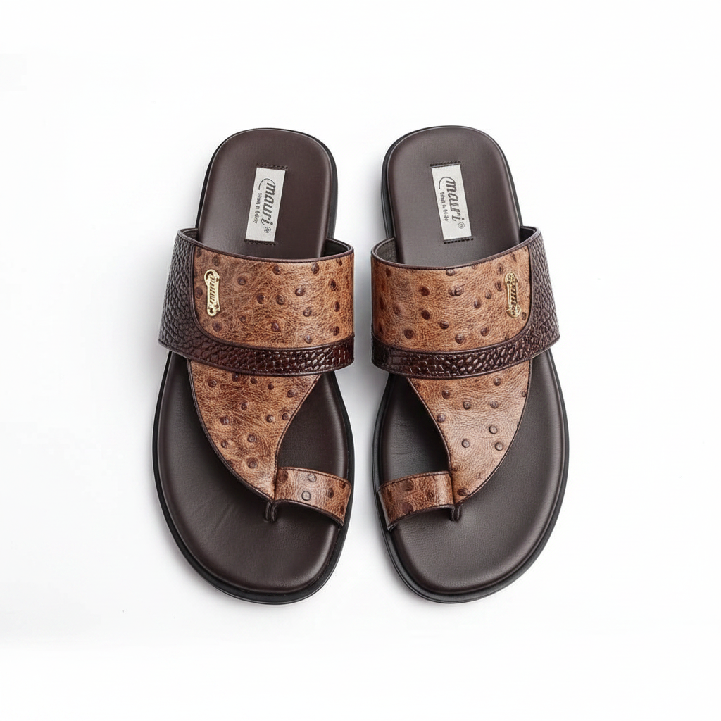 Men's tan ostrich and dark brown croc leather thong slide sandals ghost mannequin pair view
