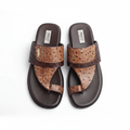 Men's tan ostrich and dark brown croc leather thong slide sandals ghost mannequin pair view