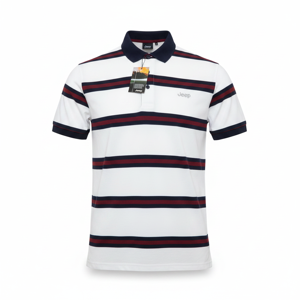 Men's white navy and burgundy all-over stripe polo shirt, ghost mannequin front view