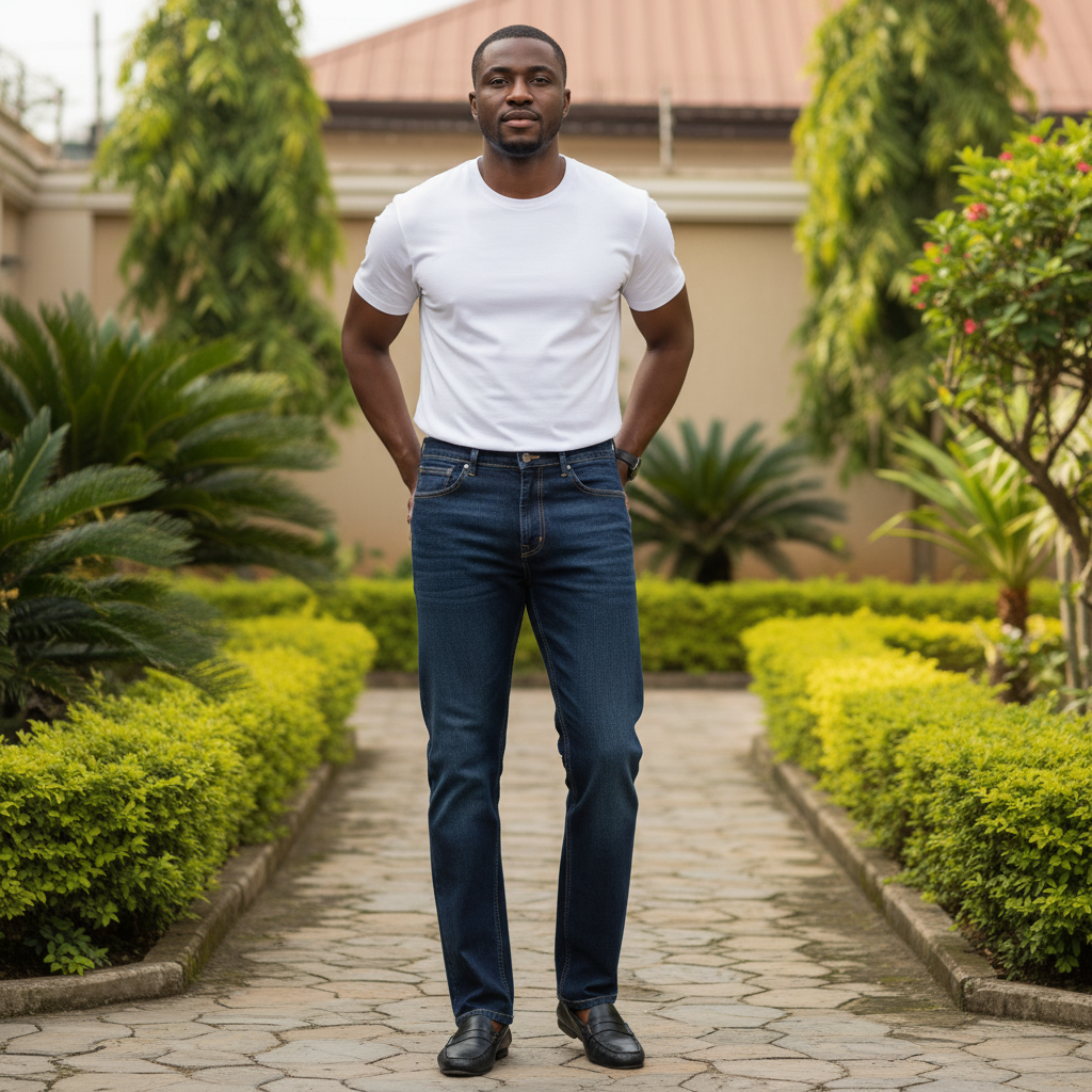 Nigerian male model wearing dark indigo straight-leg denim jeans