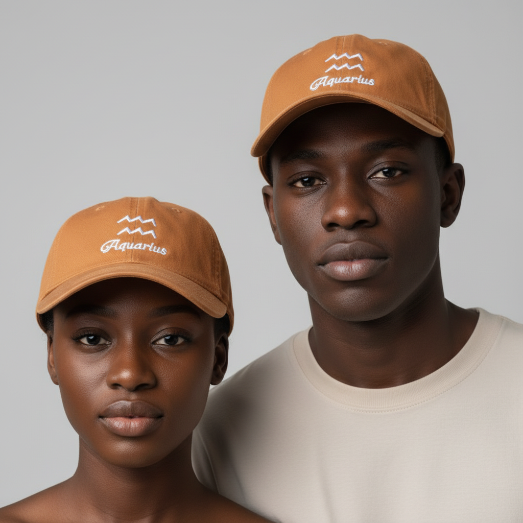 Nigerian female and male models wearing tan Aquarius zodiac embroidered dad cap – head shot