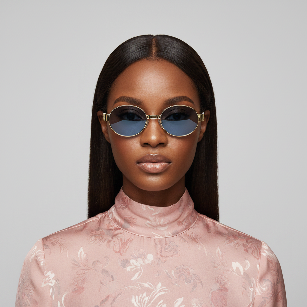 Nigerian female model with sleek weavon wearing oval gold frame light blue lens sunglasses – editorial medium shot professional grey background
