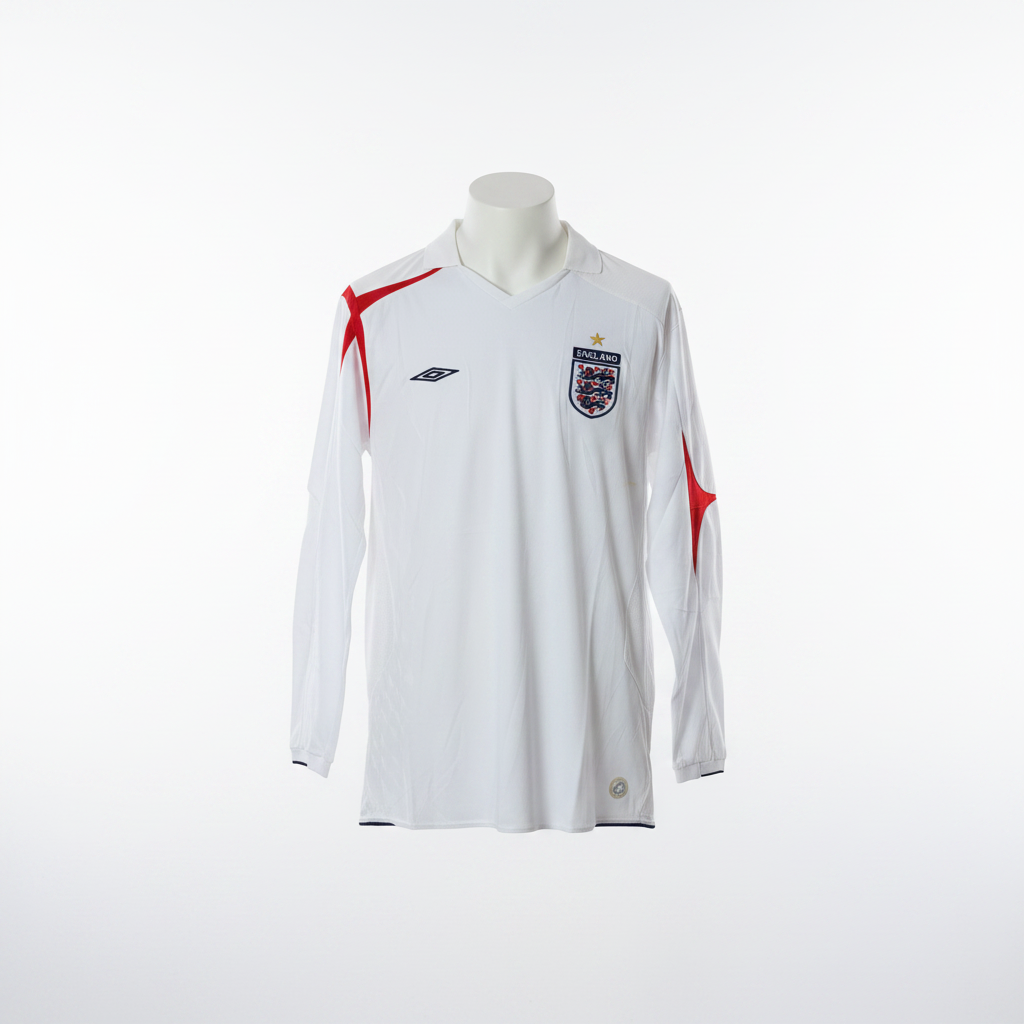 White long-sleeve retro football jersey with red shoulder star-burst accents and polo collar, ghost mannequin front view