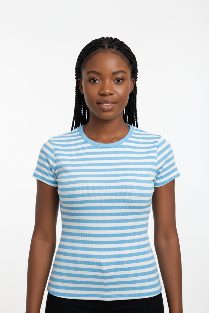 Sky Blue & White Stripe Fitted Top - Nigerian Model