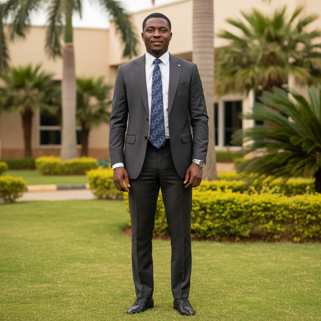 Nigerian male model wearing navy blue chain-link geometric necktie with white shirt and dark suit