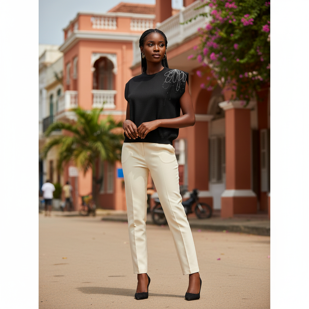 Young Nigerian female wearing black rhinestone knit cap sleeve top