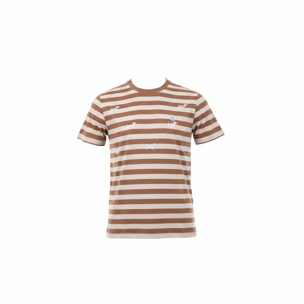 Ghost mannequin front view of camel white stripe embroidered logo T-shirt