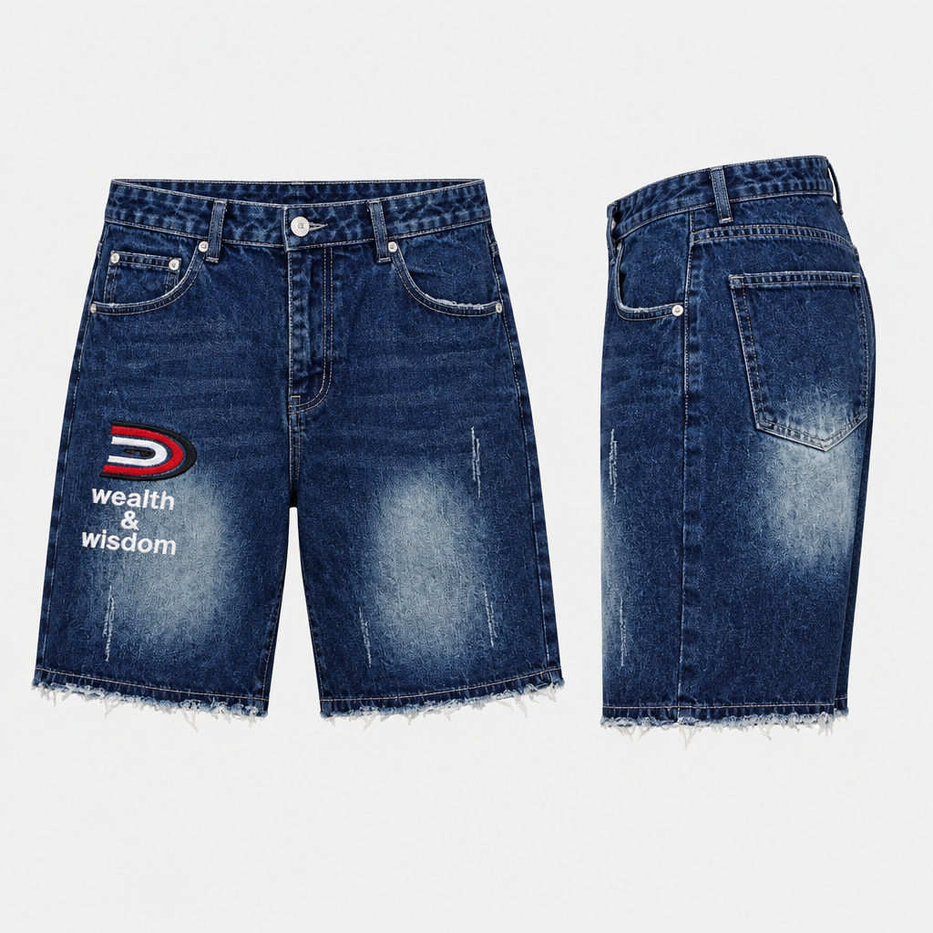 Dark blue denim shorts with faded leg panels, multicolour front detail and frayed hems