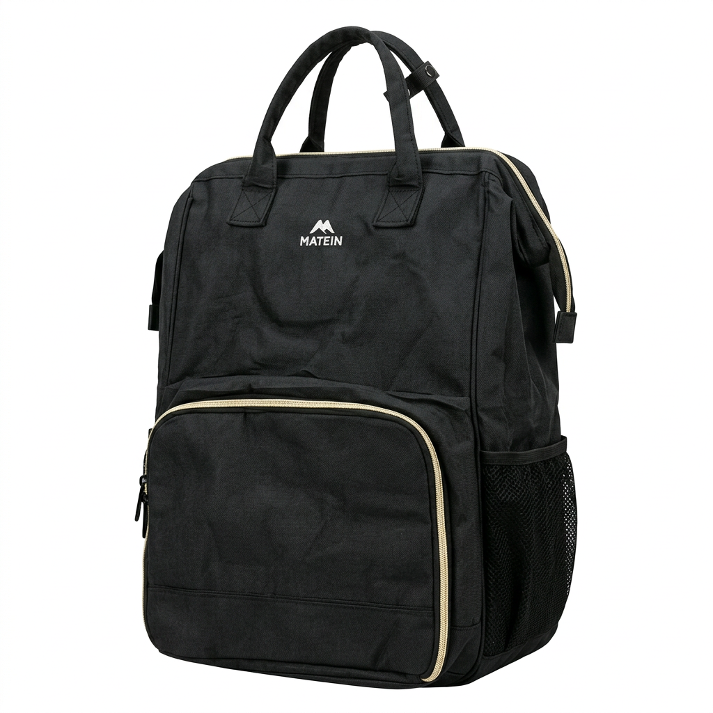 Black twin-handle school bag with contrast zip on white