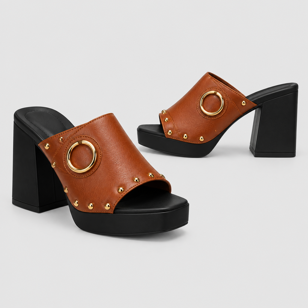 Brown ring-detail platform slide sandals