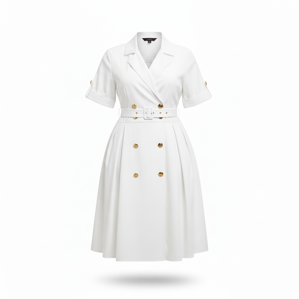 Women's white double-breasted midi shirt dress – ghost mannequin view