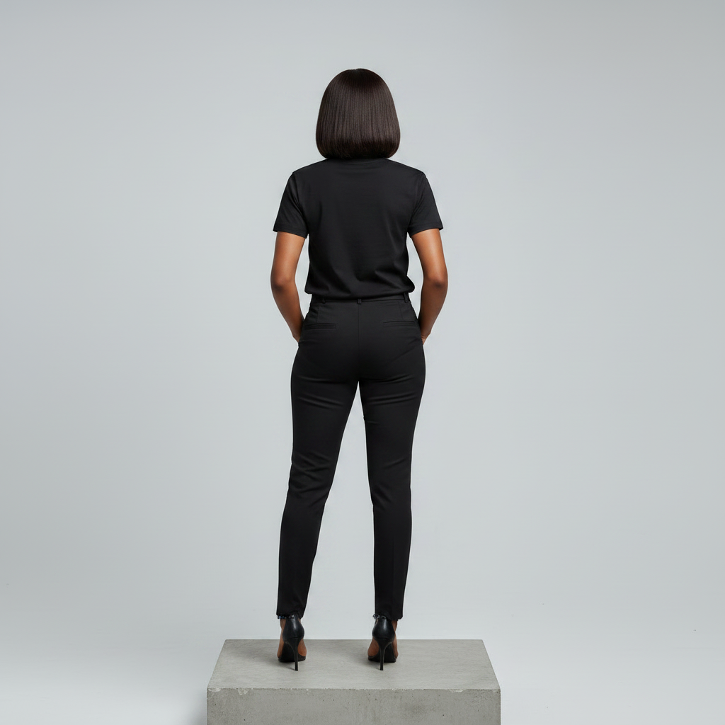 Nigerian female model back view wearing plain black T-shirt with black trousers - consistent model