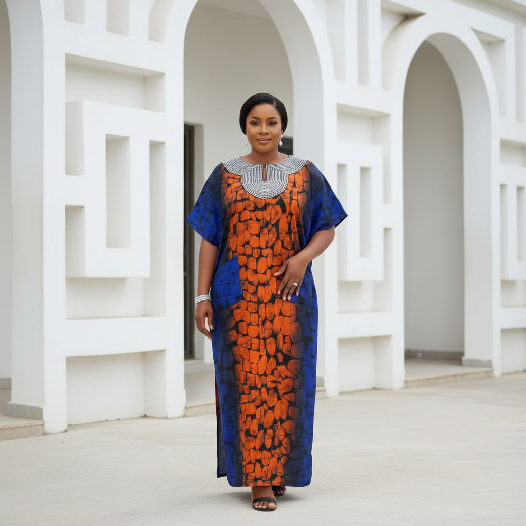 Blue Orange Stone Print Beaded Kaftan - Front Model View