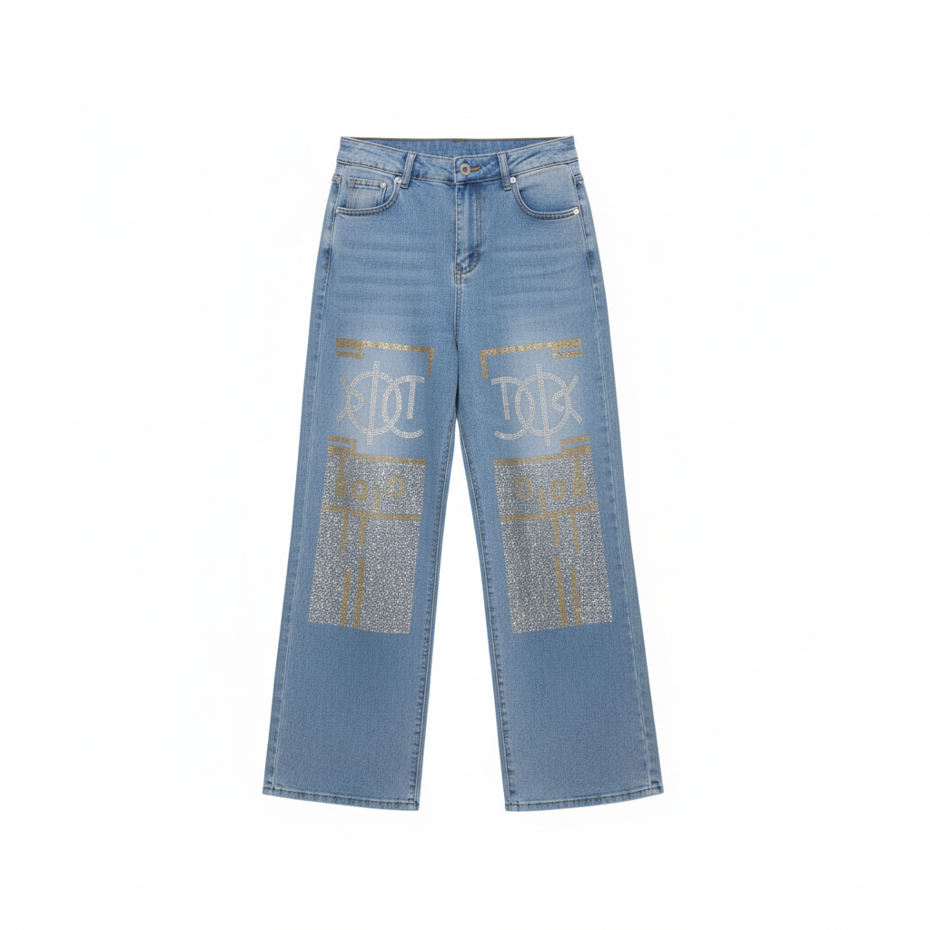 Light Blue Rhinestone Embellished Wide-Leg Women's Jeans – Ghost Mannequin
