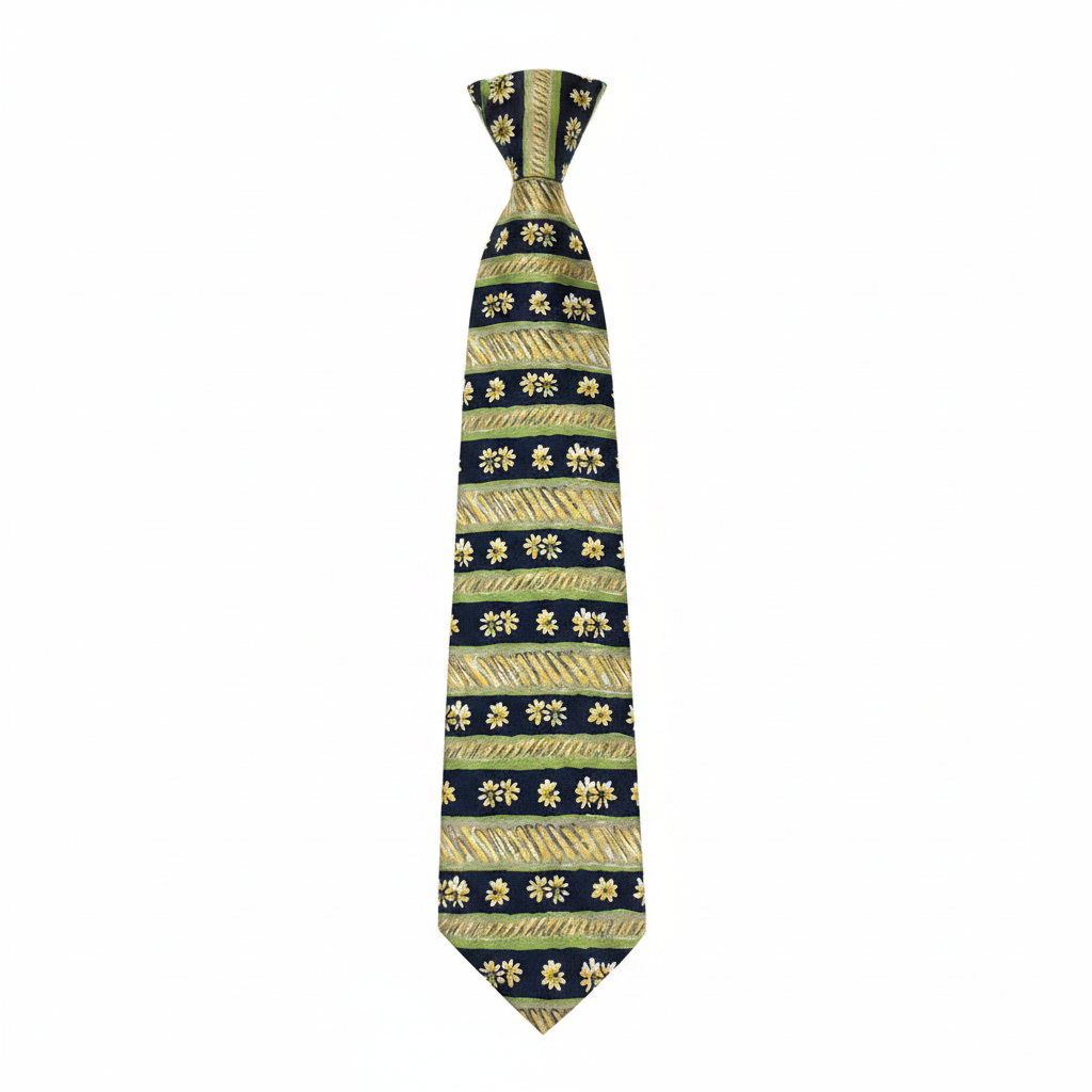 Men's navy and olive gold daisy stripe woven necktie ghost mannequin white background
