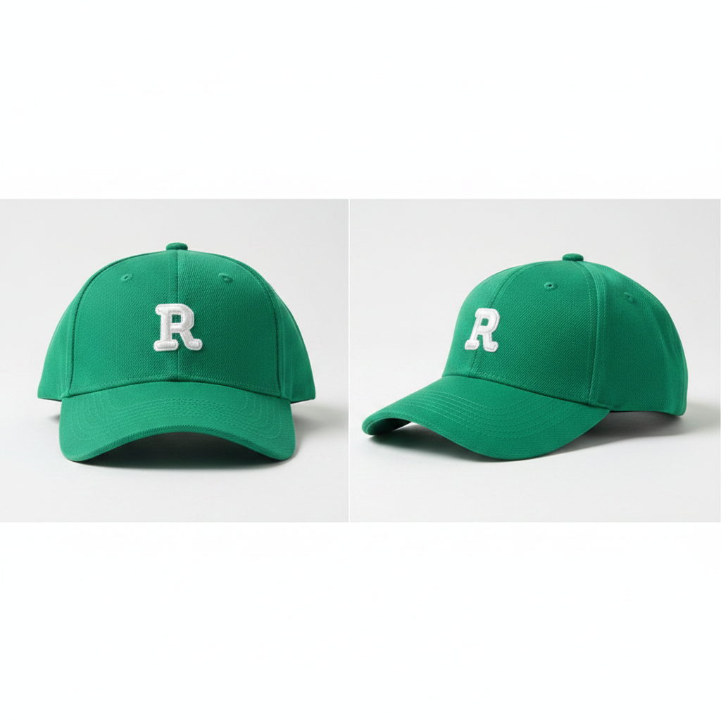 Kelly green R letter embroidered baseball cap product shot front and side view