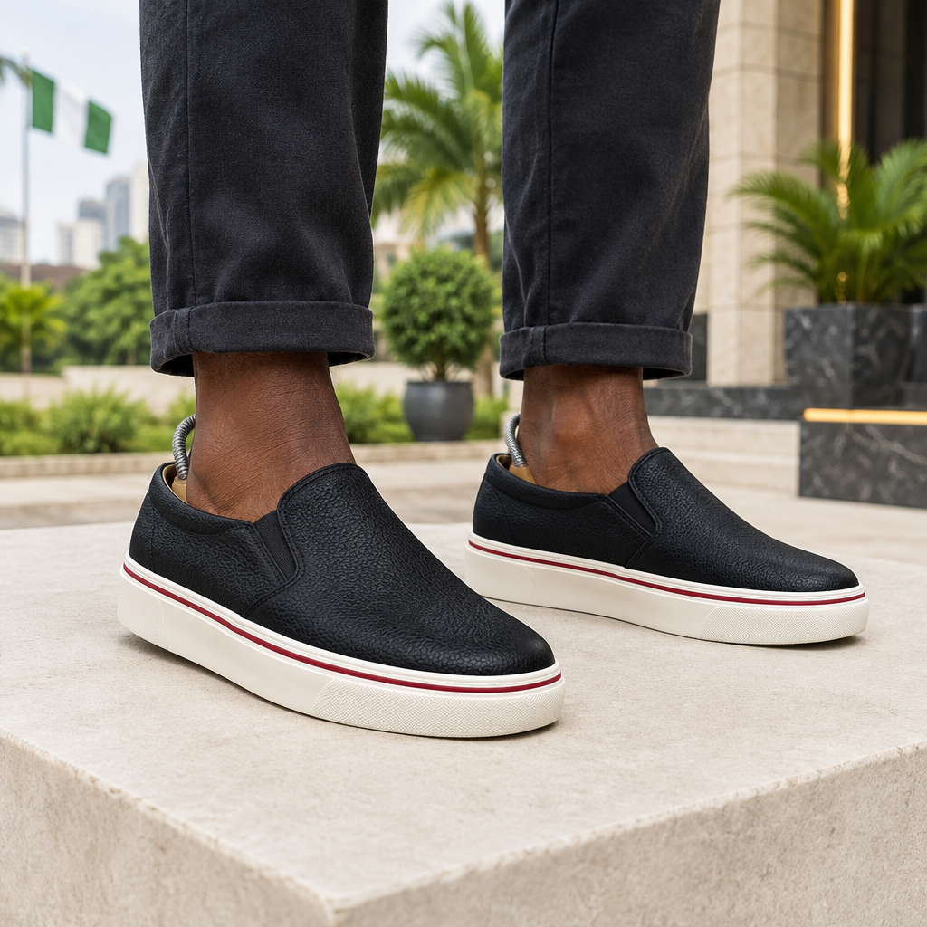 Man wearing black leather slip-on platform sneakers with rolled trousers