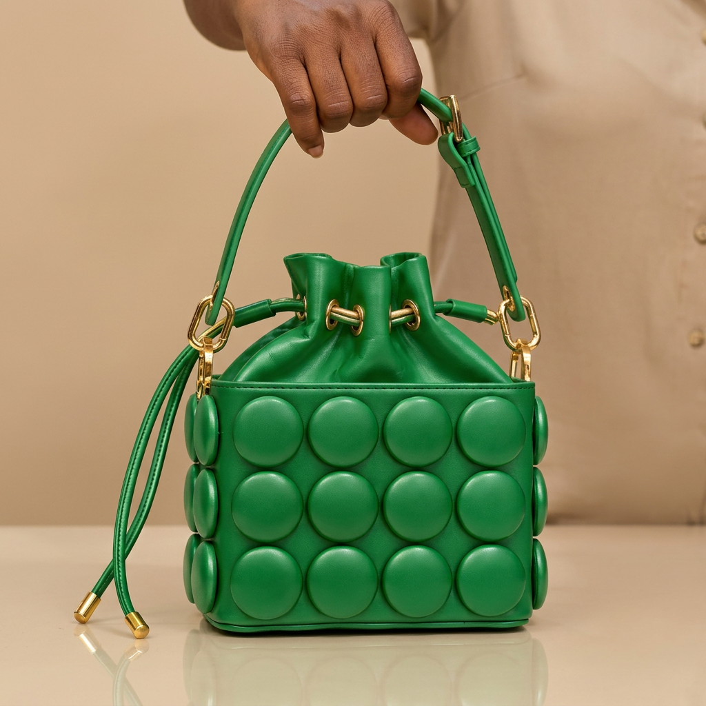 Hand holding green circle-appliqué bucket bag