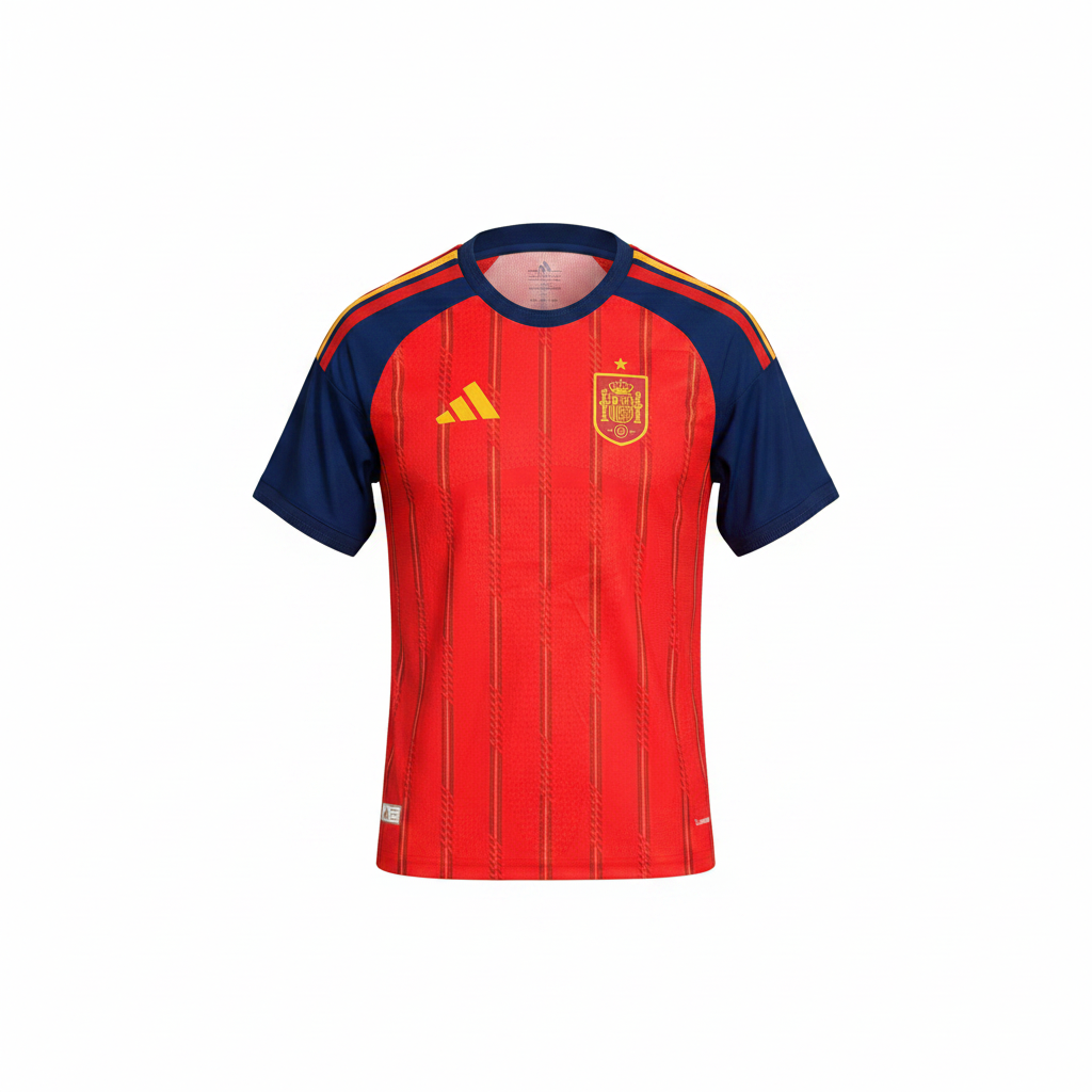 Red and navy raglan short sleeve pinstripe sports tee on ghost mannequin, white background