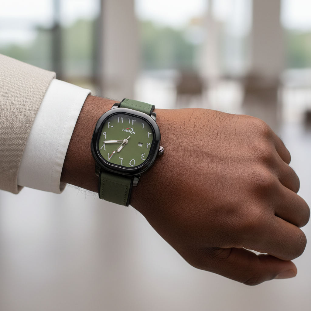 Olive-green dial watch with black case and green leather strap worn on a Black man’s wrist