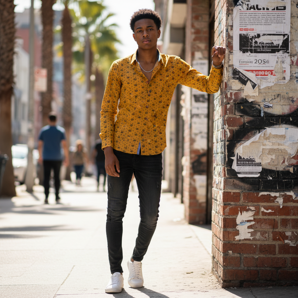 Young Nigerian male model wearing crown print mustard yellow shirt