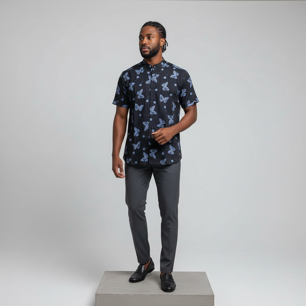 Nigerian male model wearing black butterfly and cherry print short-sleeved shirt