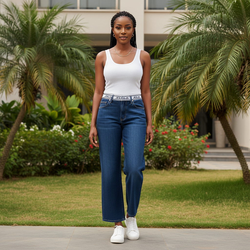 Front view - Navy Wide-Leg Jeans Logo Waistband