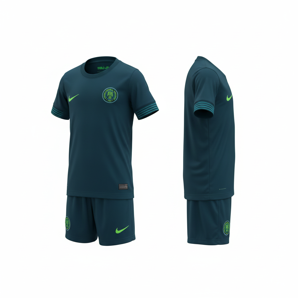 Kids deep teal naija eagle football jersey and teal shorts set ghost mannequin front and side view