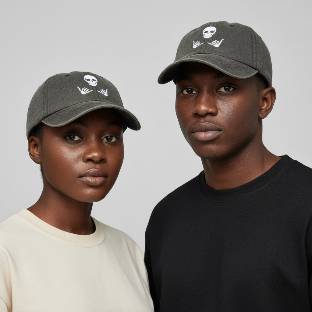 Nigerian female and male models wearing washed charcoal grey dad cap with skull shaka graphic embroidery