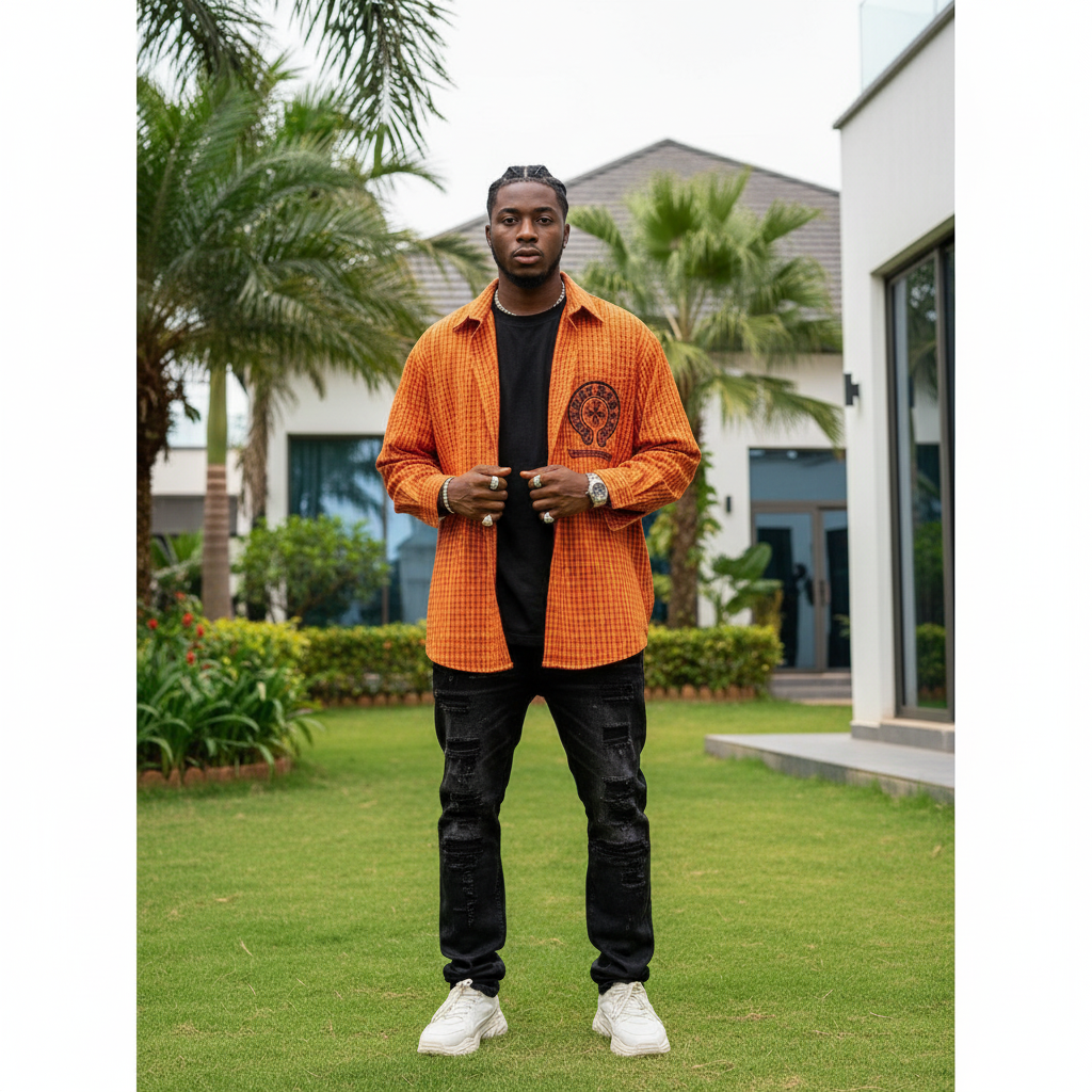 Men's Orange Plaid Oversized Long Sleeve Shirt – Nigerian Male Model Shot