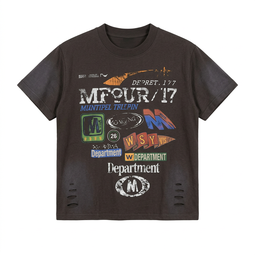 Charcoal cropped graphic crew-neck T-shirt with distressed lower-side details