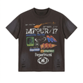 Charcoal cropped graphic crew-neck T-shirt with distressed lower-side details