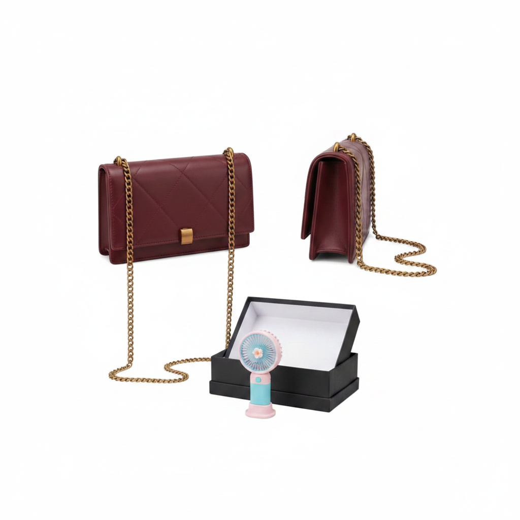 Burgundy quilted crossbody bag ghost mannequin front and side view with mini fan and gift box