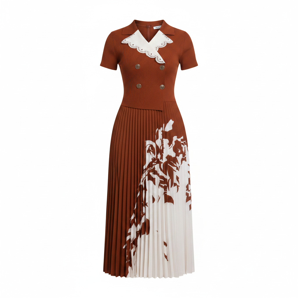 Women's rust white floral print pleated midi dress ghost mannequin front view