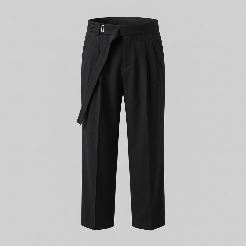 Black asymmetric-waist pleated trousers with hanging strap, ghost mannequin front view