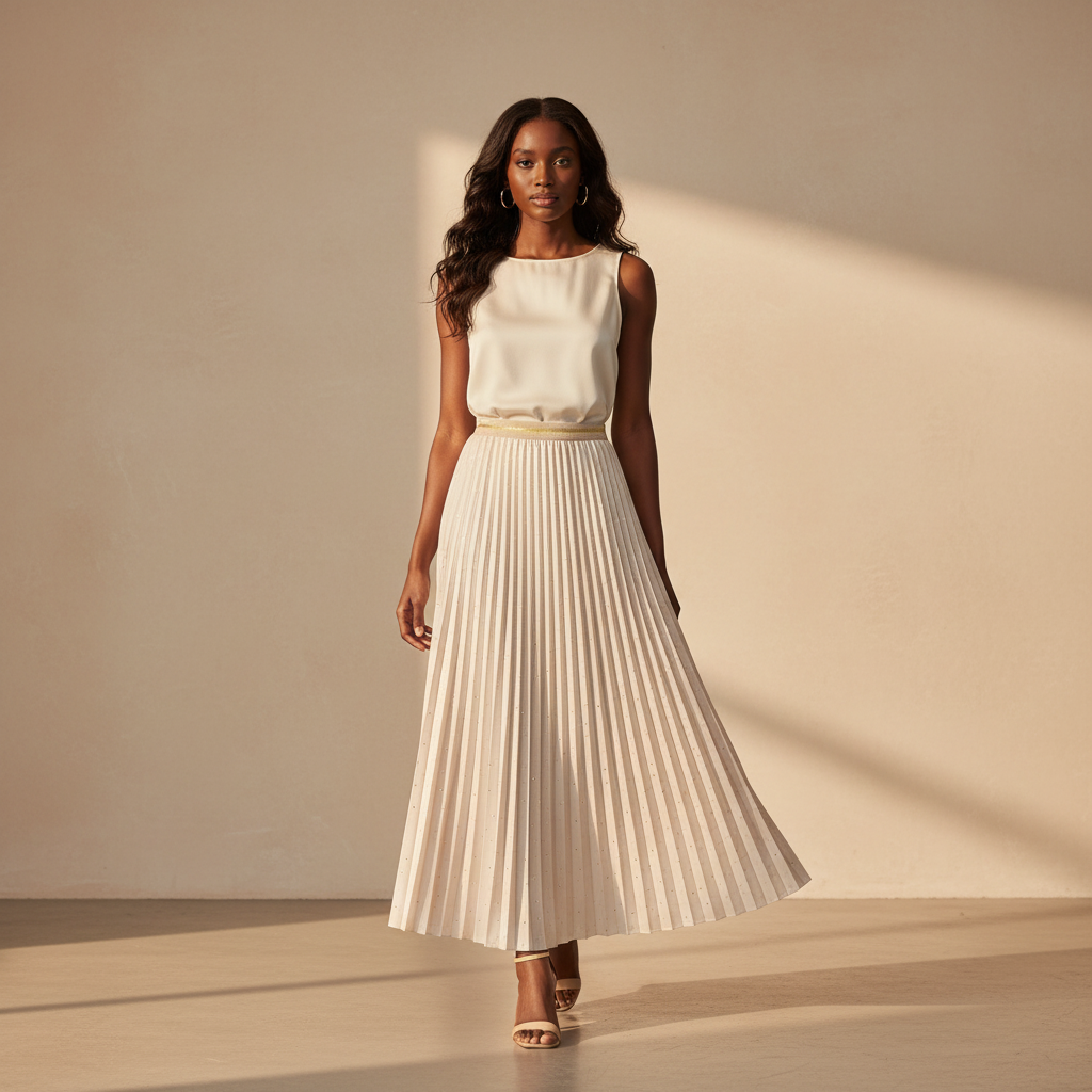 Nigerian model wearing cream glitter pleated maxi skirt