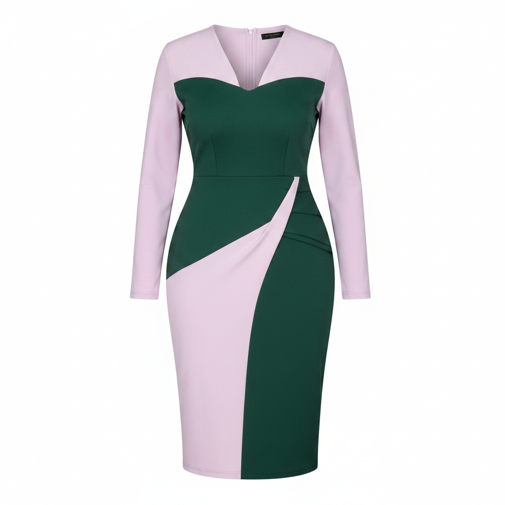 Women's dark green and lilac diagonal colorblock V-neck bodycon midi dress - ghost mannequin view