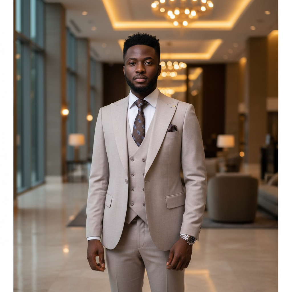 Beige 3-Piece Suit with Brown Tie â€“ Nigerian Model