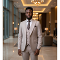 Beige 3-Piece Suit with Brown Tie â€“ Nigerian Model