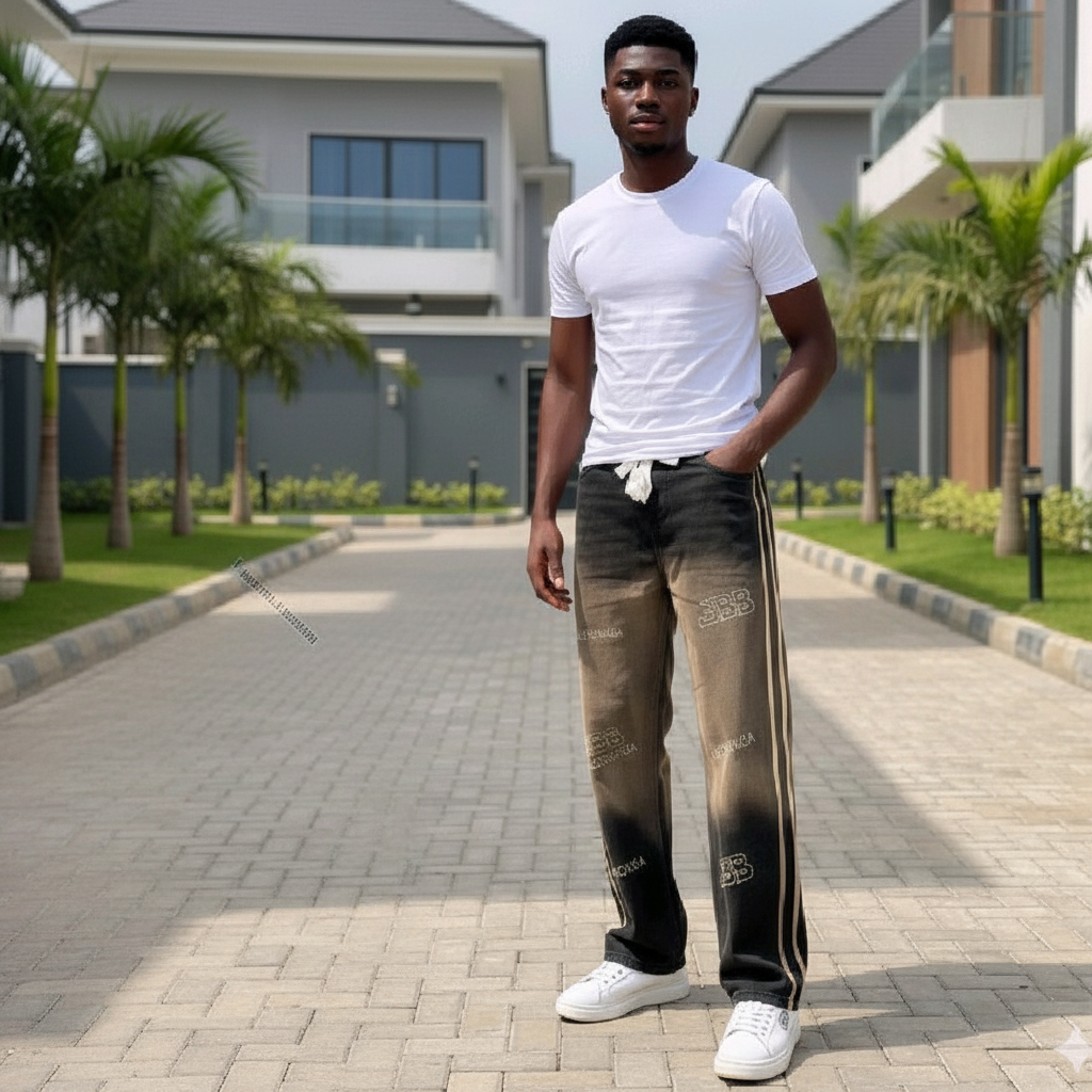 Nigerian male model wearing black bleach gradient double side stripe all-over print denim jogger pants