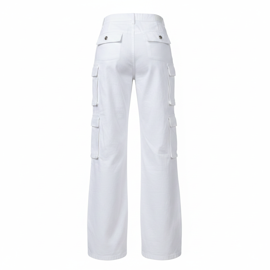 White Multi-Pocket Cargo Trousers – Back Ghost Mannequin