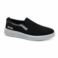Black slip-on sneaker with silver-tone side detailing and a light grey sole