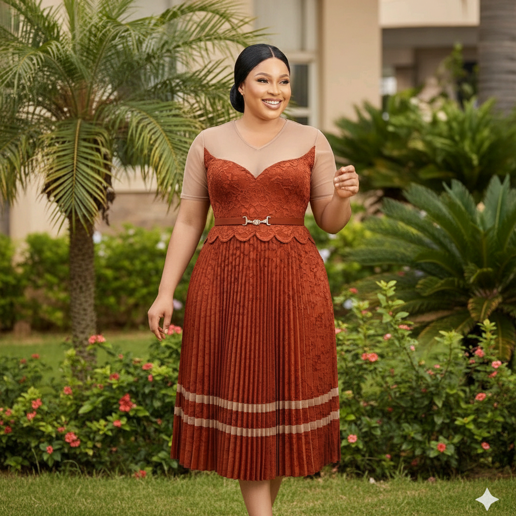 Nigerian female model wearing rust orange lace sweetheart pleated midi gown in upscale garden setting