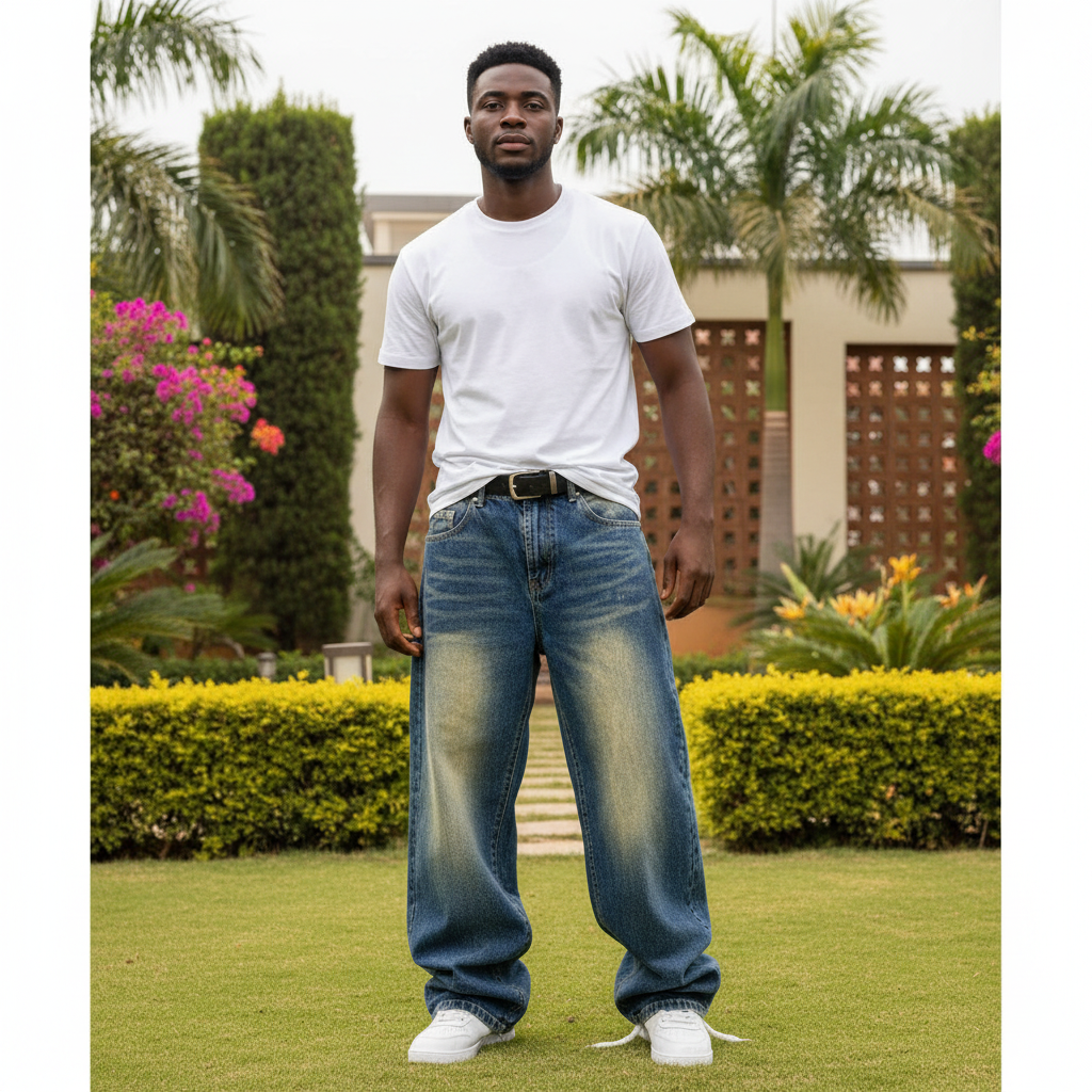 Nigerian male model wearing baggy wide-leg distressed denim jeans – front view