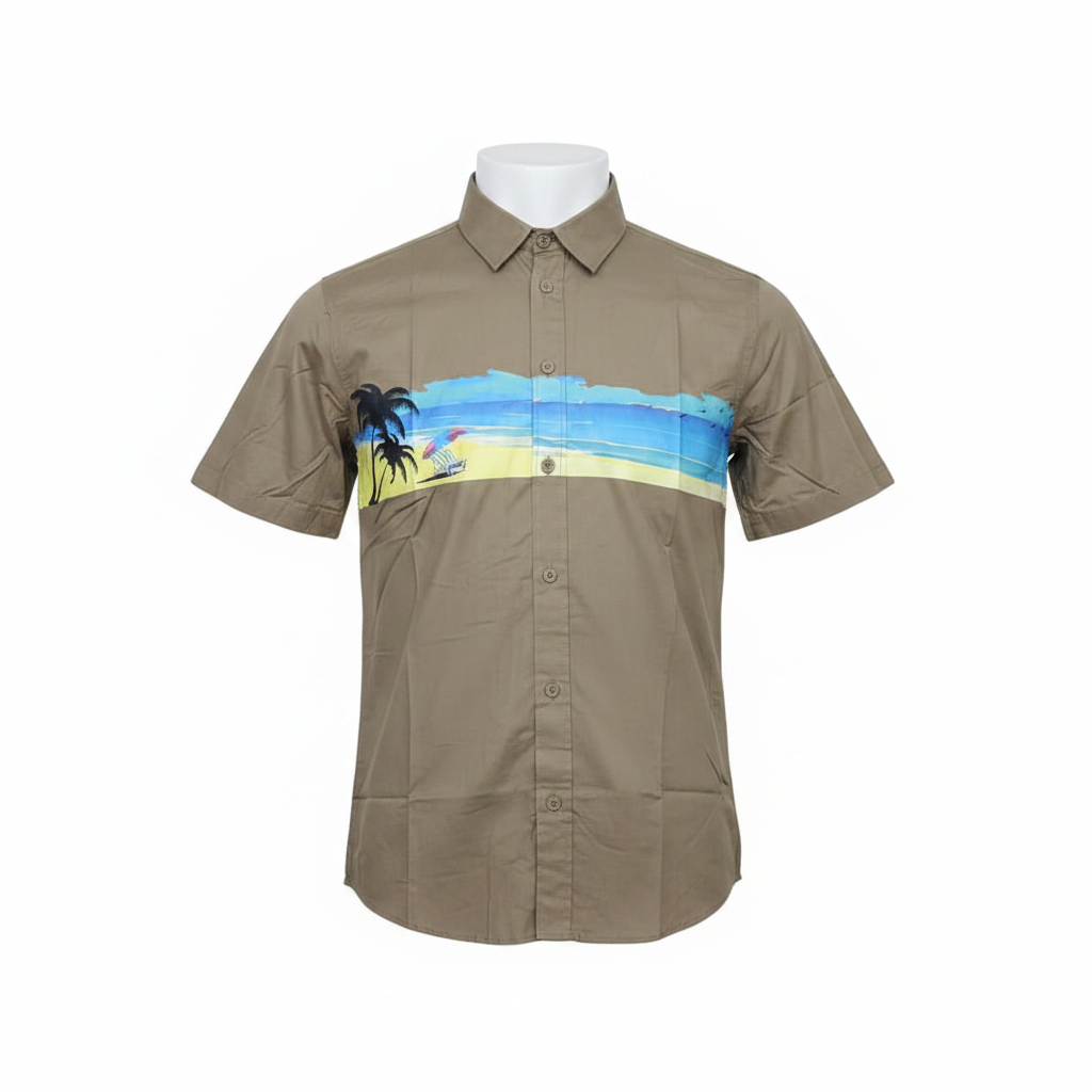 Olive Tropical Print Short-Sleeved Shirt - Ghost Mannequin Front