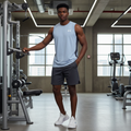 Under Armour ice blue sleeveless sport vest with charcoal side panels on male model