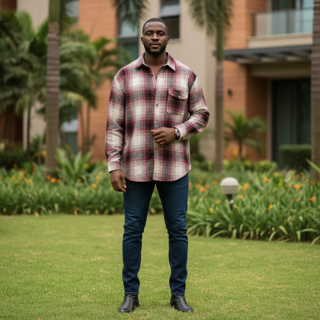 Nigerian male model wearing burgundy plaid flannel overshirt
